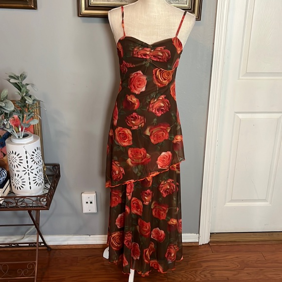 Rose Print Mesh Layered Maxi Dress with Adjustable Straps/ Size Small - Picture 1 of 9